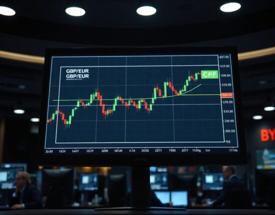 Financial chart on a trading monitor showing a head and shoulders pattern for GBP/EUR currency pair.