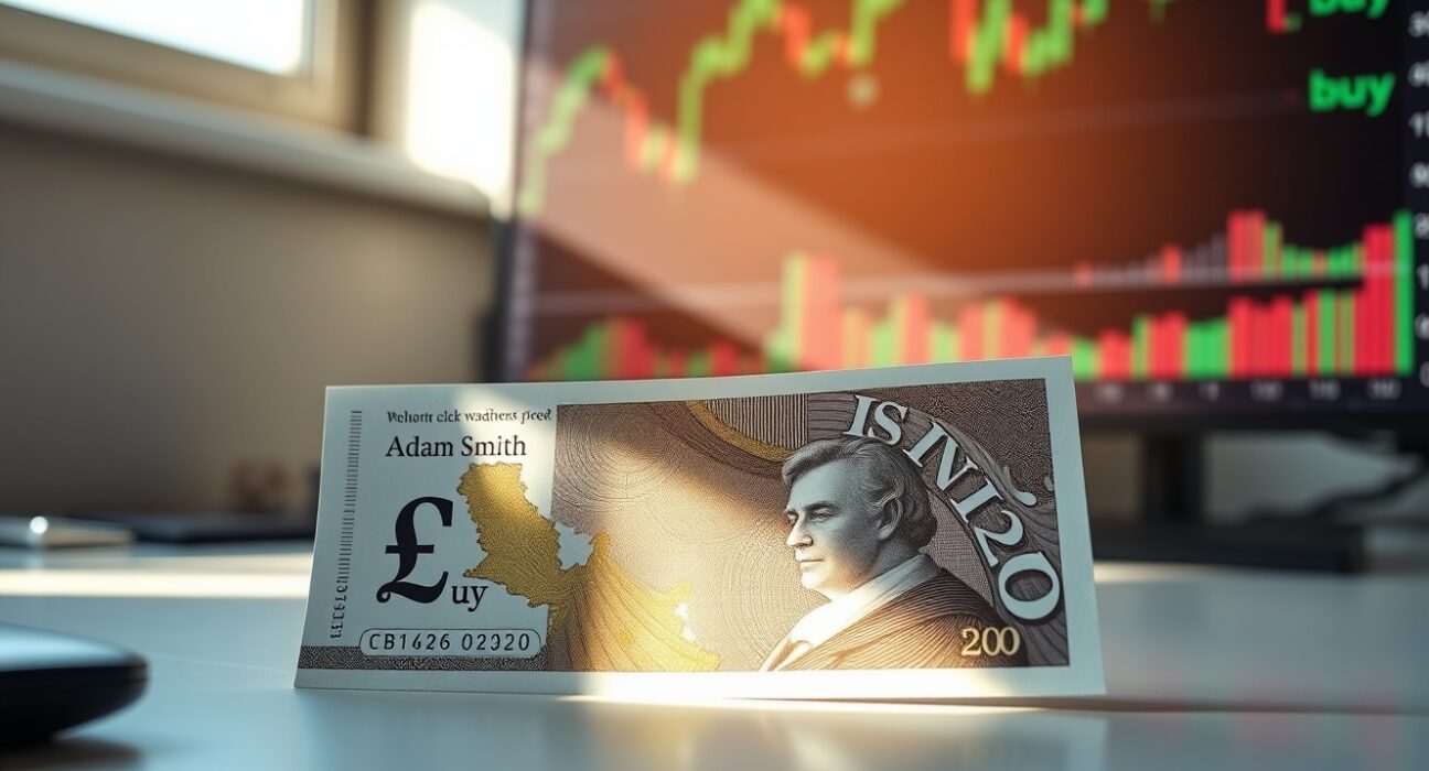 A British pound banknote on a trading desk with a stock chart in the background.