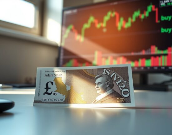 A British pound banknote on a trading desk with a stock chart in the background.