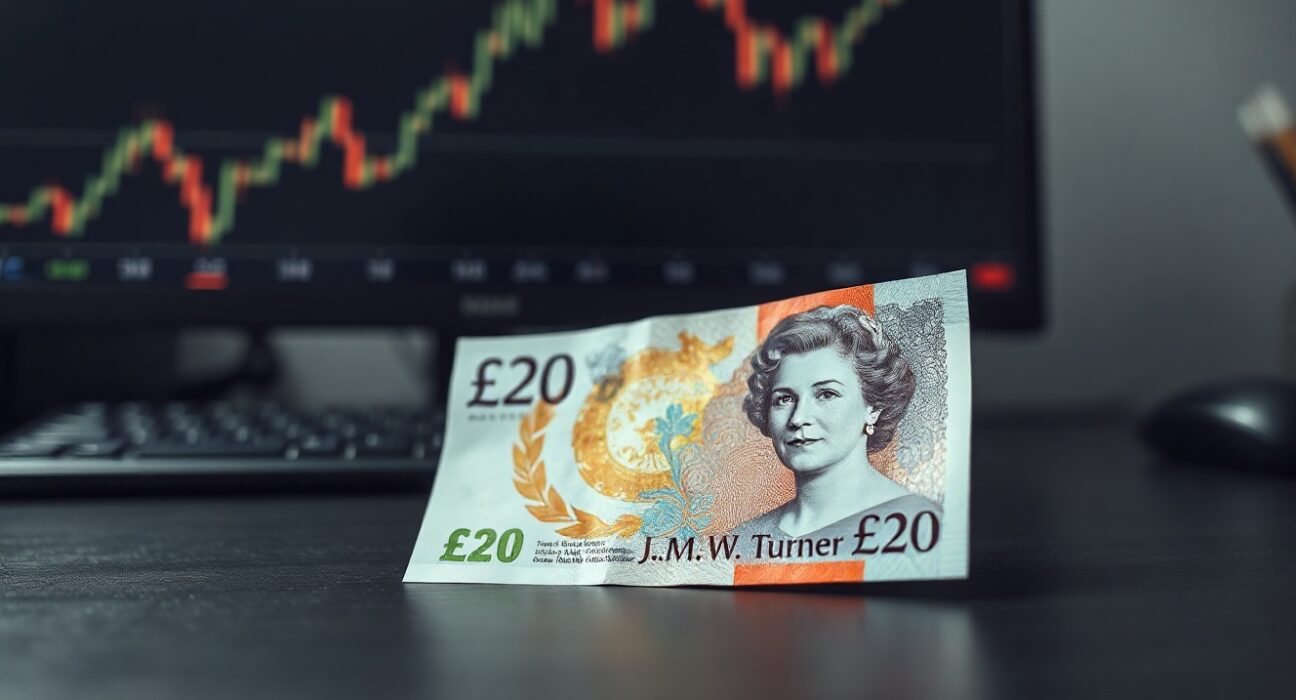 British Pound banknote on desk with financial chart in background, symbolizing currency market resilience amid fiscal worries.