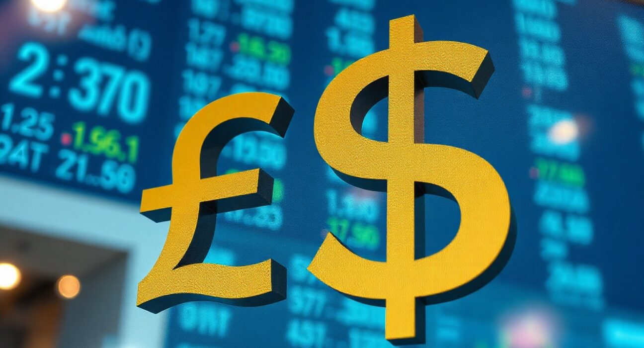 British Pound and US Dollar symbols on a financial market display board