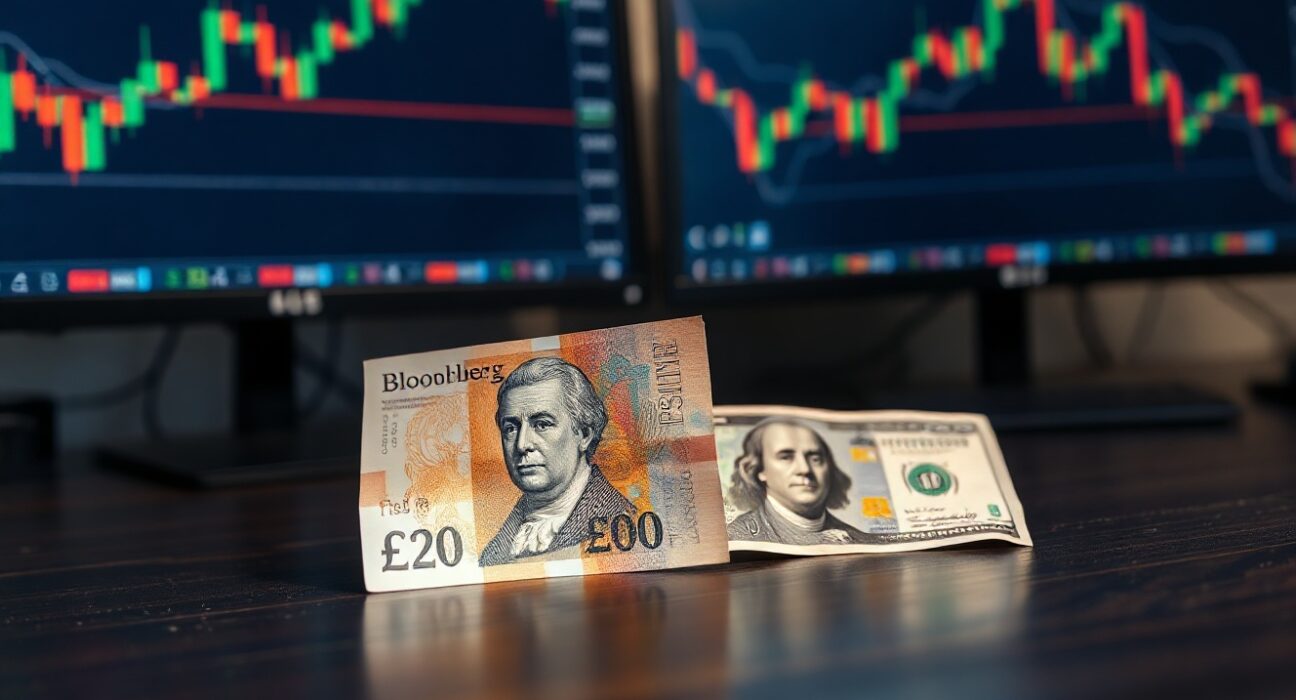 British Pound and US Dollar banknotes on a trading desk with forex charts in background