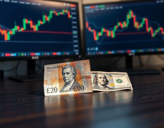 British Pound and US Dollar banknotes on a trading desk with forex charts in background