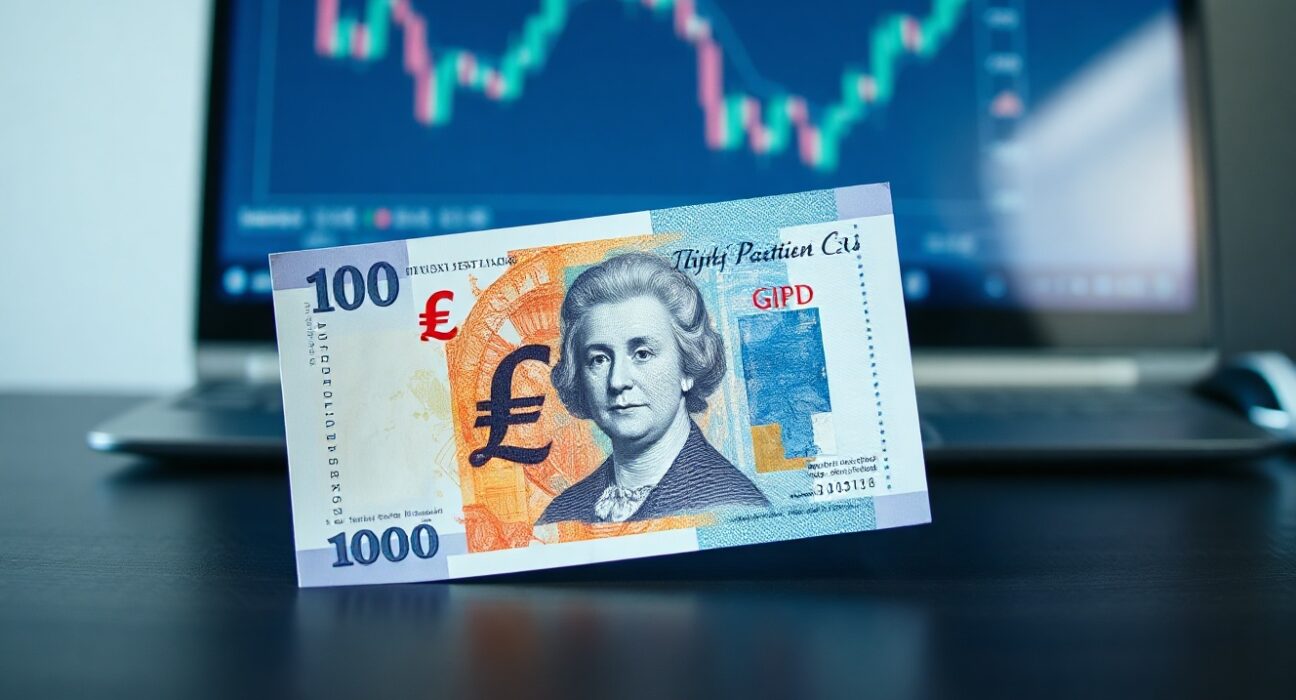 British Pound Sterling banknote over U.S. Dollar bill on desk, representing GBP/USD exchange rate analysis.