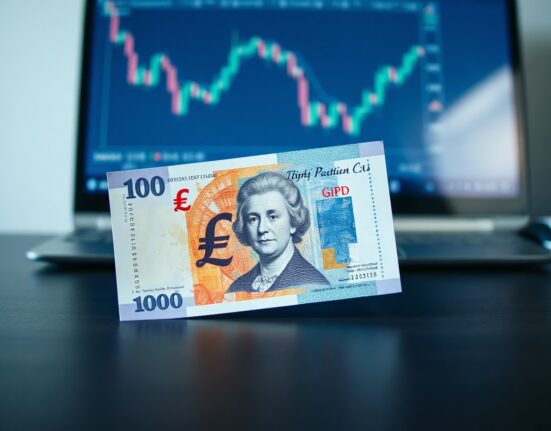 British Pound Sterling banknote over U.S. Dollar bill on desk, representing GBP/USD exchange rate analysis.