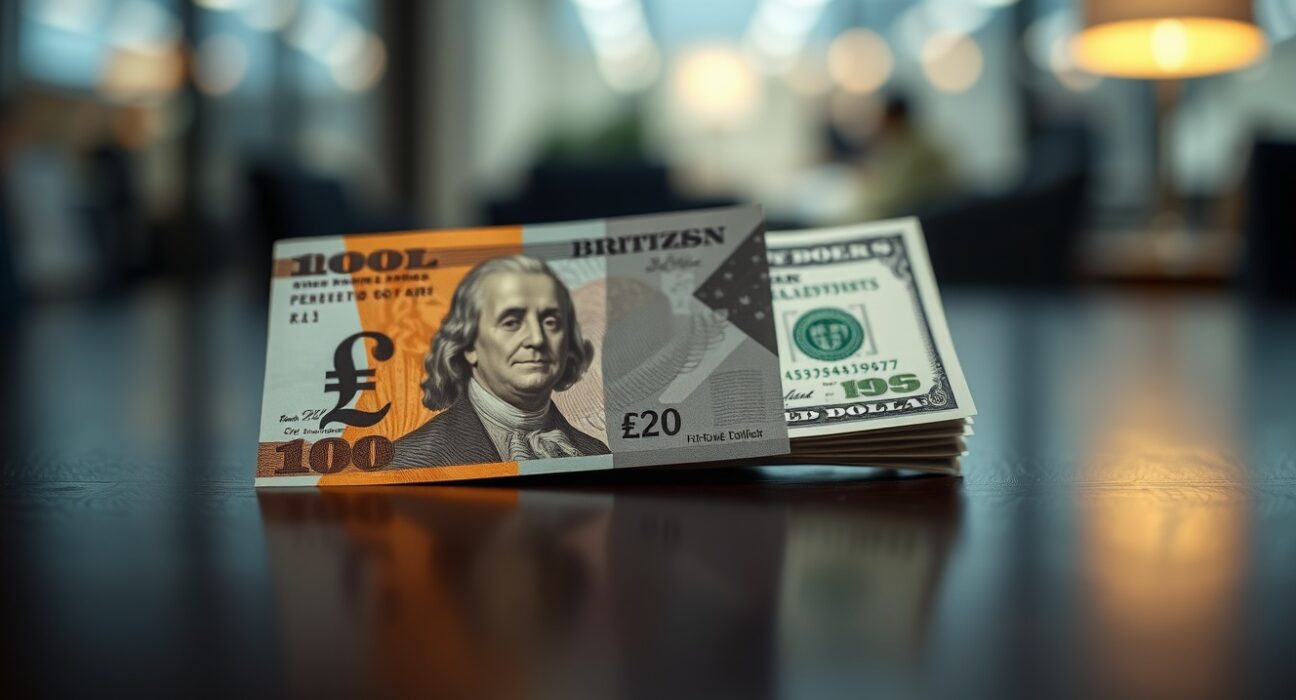 British pound and US dollar banknotes on a desk representing GBP/USD exchange rate analysis.