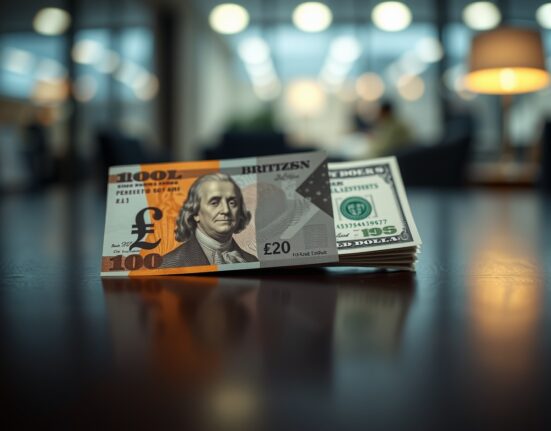 British pound and US dollar banknotes on a desk representing GBP/USD exchange rate analysis.