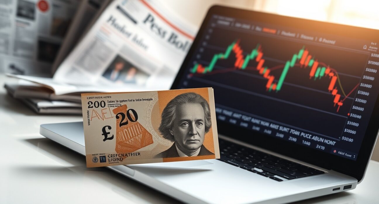 British Pound banknote on desk with laptop showing forex chart