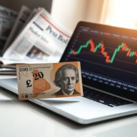 British Pound banknote on desk with laptop showing forex chart