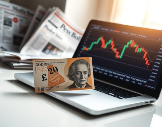 British Pound banknote on desk with laptop showing forex chart