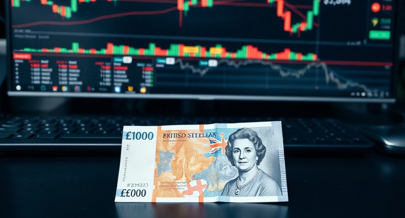 British Pound and US Dollar banknotes on a trading desk with charts in background