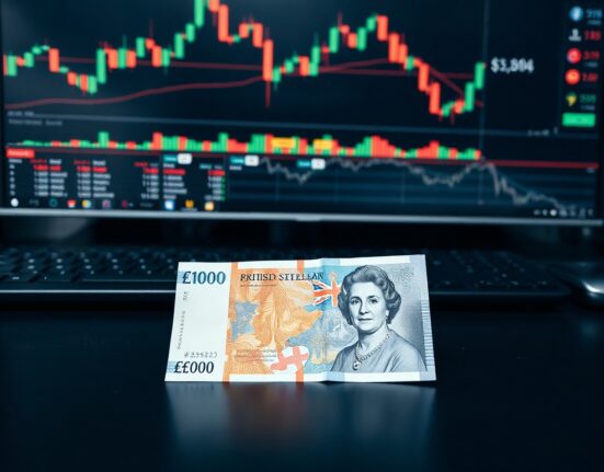 British Pound and US Dollar banknotes on a trading desk with charts in background
