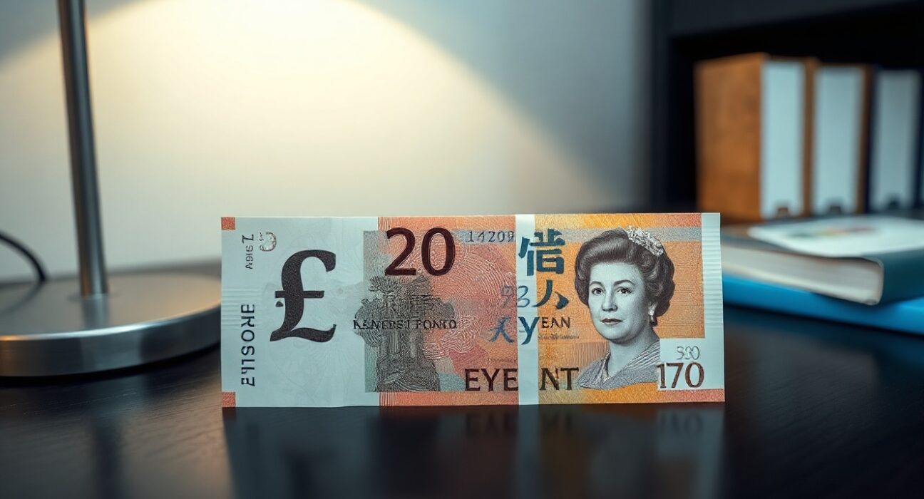 British Pound and Japanese Yen banknotes on a desk representing GBP/JPY forex market analysis.