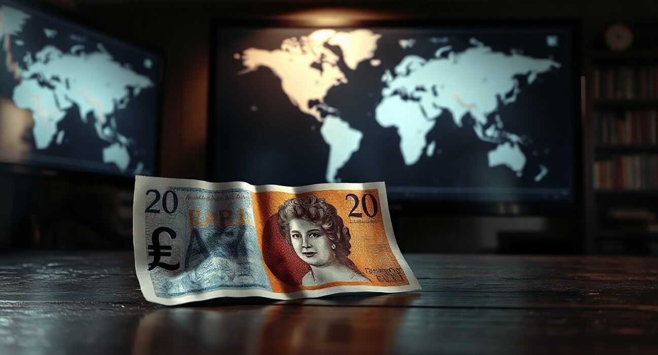British pound note on dark surface with blurred trading chart in background