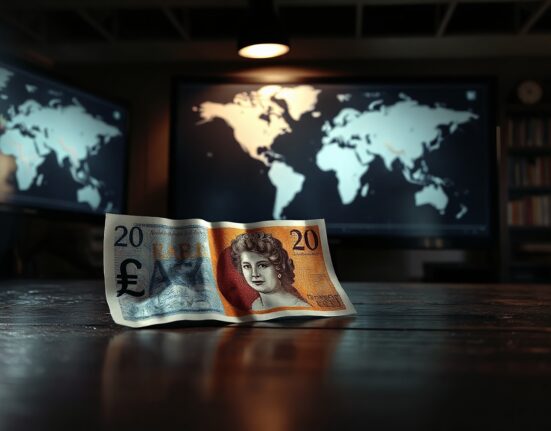 British pound note on dark surface with blurred trading chart in background