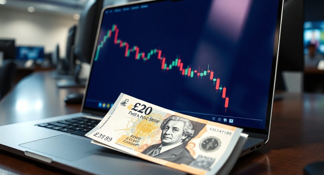 British pound note on trading desk with declining forex chart on laptop screen