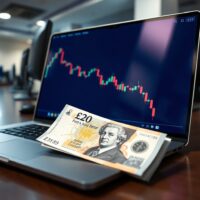 British pound note on trading desk with declining forex chart on laptop screen