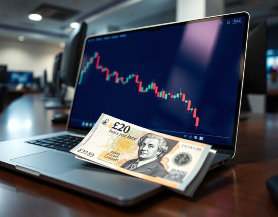 British pound note on trading desk with declining forex chart on laptop screen