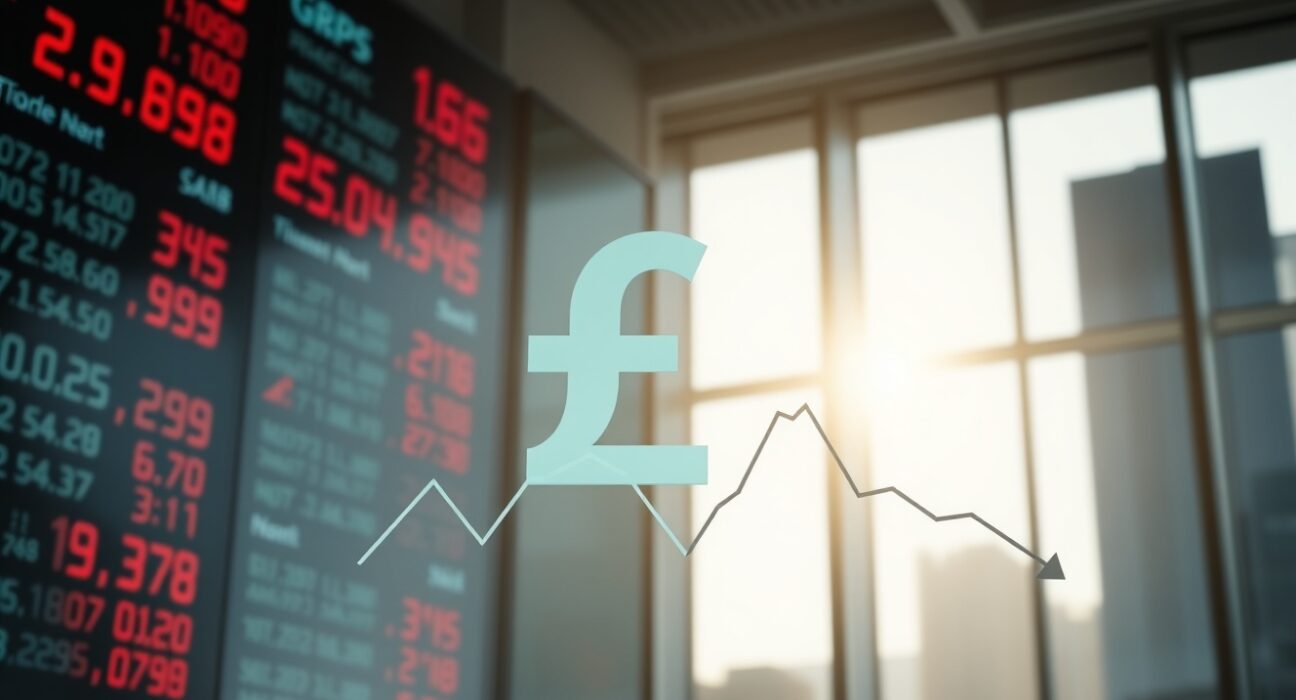 GBP currency symbol on a digital trading board with downward trend data.