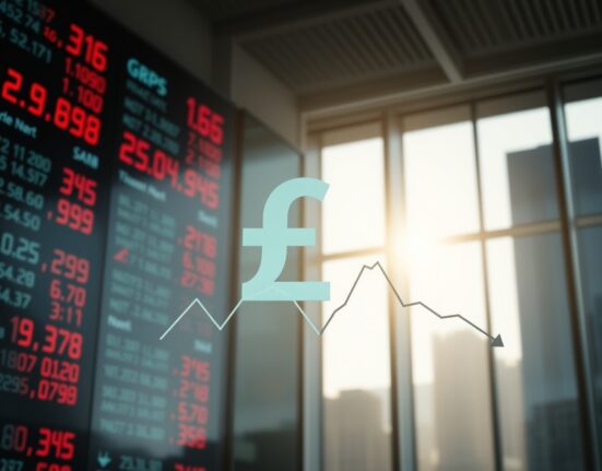 GBP currency symbol on a digital trading board with downward trend data.