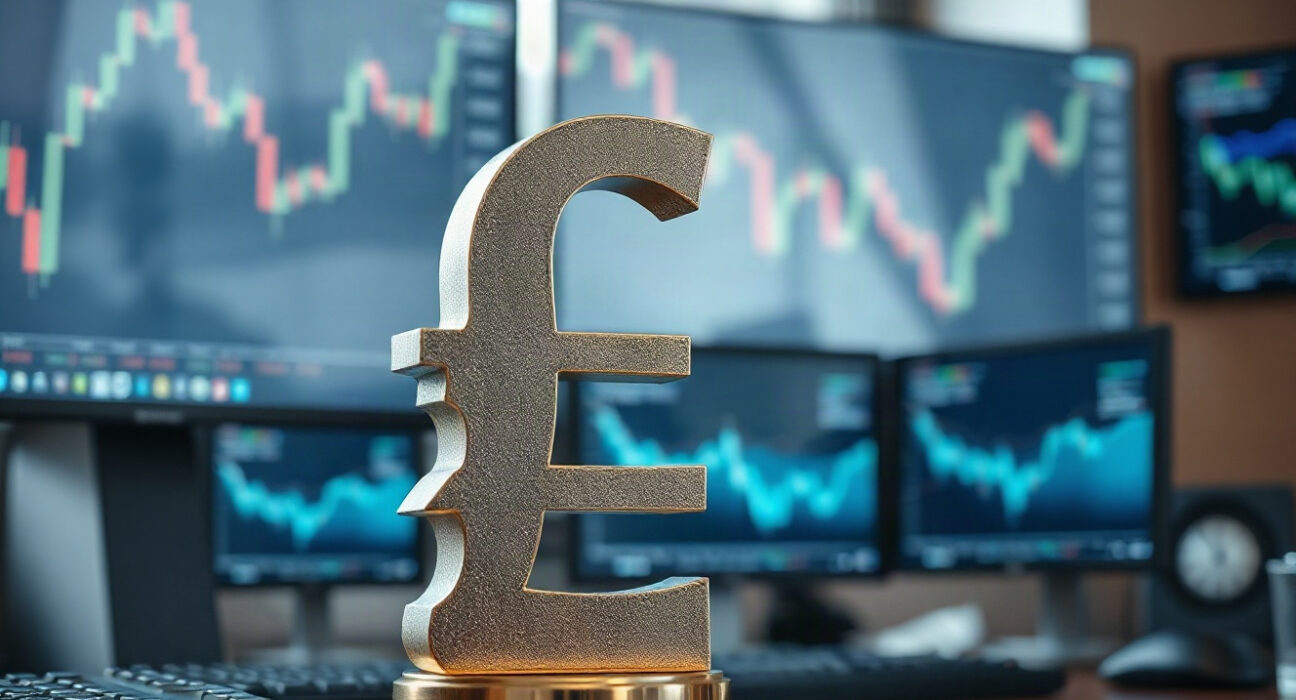 British pound symbol on a financial desk with market charts in the background