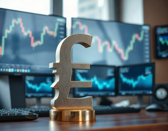 British pound symbol on a financial desk with market charts in the background