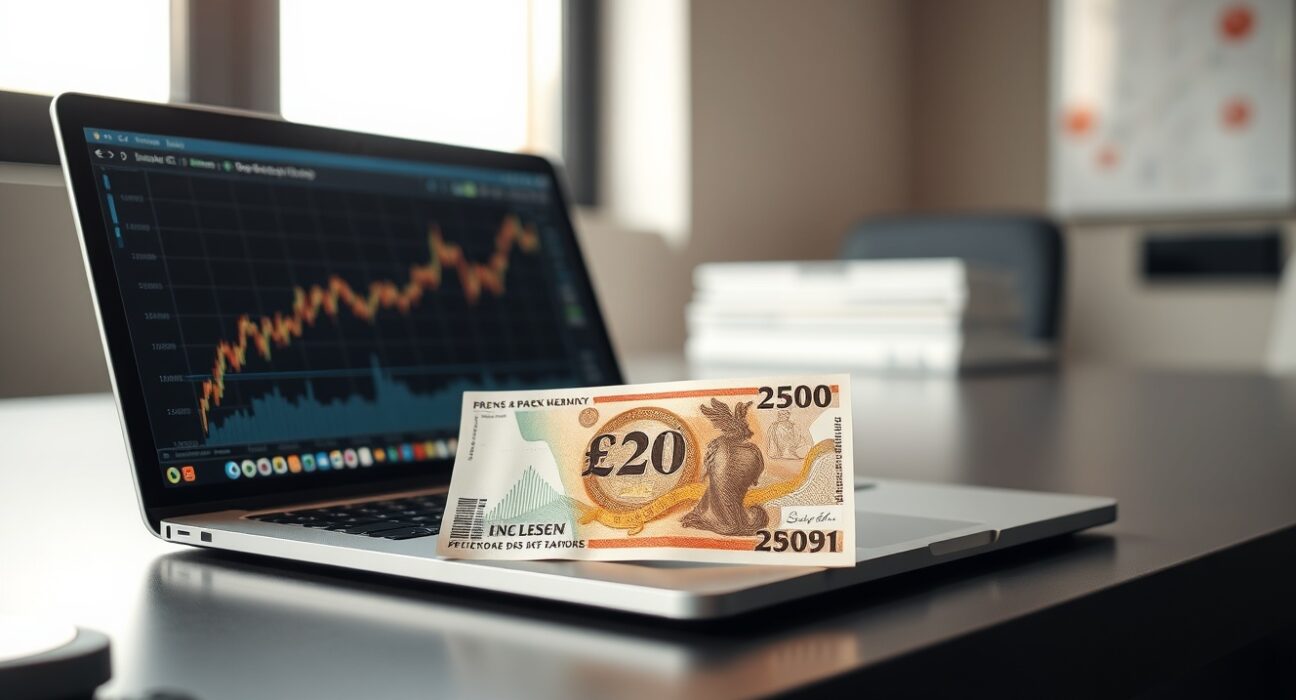 British Pound banknote and laptop showing financial chart
