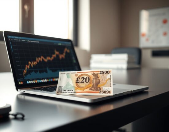 British Pound banknote and laptop showing financial chart