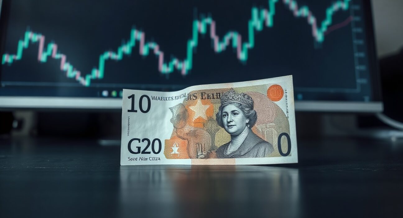 British Pound and US Dollar banknotes on a desk with a financial chart in background