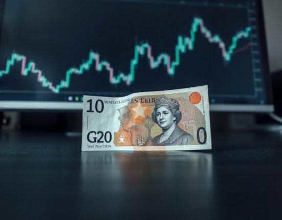 British Pound and US Dollar banknotes on a desk with a financial chart in background