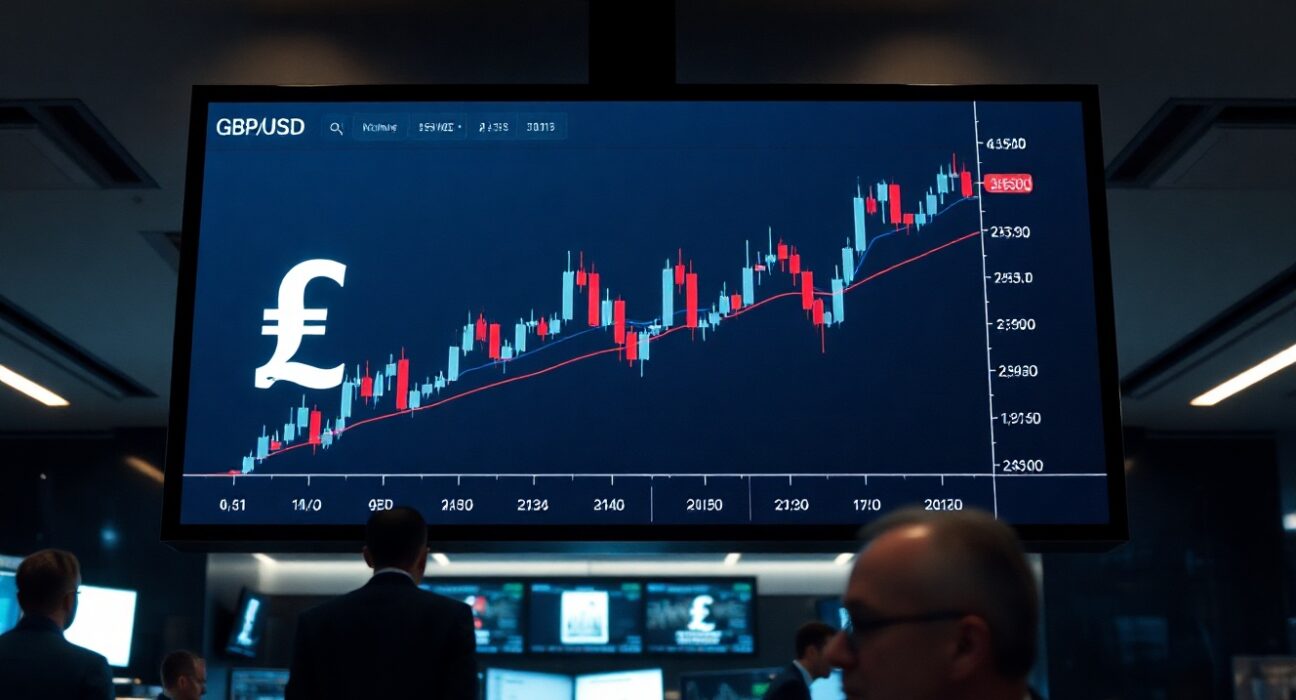 Digital screen showing GBP/USD candlestick chart in a modern trading floor environment