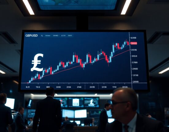 Digital screen showing GBP/USD candlestick chart in a modern trading floor environment