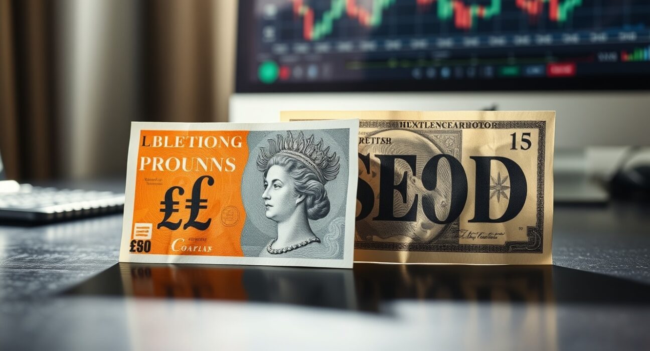 British Pound and US Dollar banknotes on a desk, representing currency market analysis.