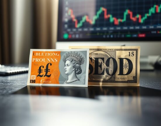 British Pound and US Dollar banknotes on a desk, representing currency market analysis.