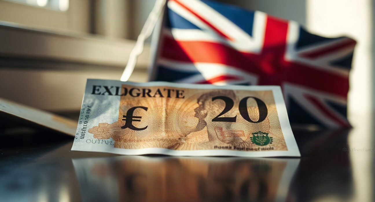 Close-up of a British pound sterling banknote with a Union Jack flag blurred in the background, symbolizing currency resilience.