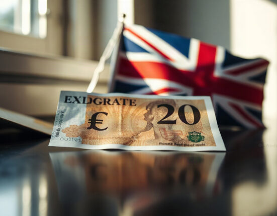 Close-up of a British pound sterling banknote with a Union Jack flag blurred in the background, symbolizing currency resilience.