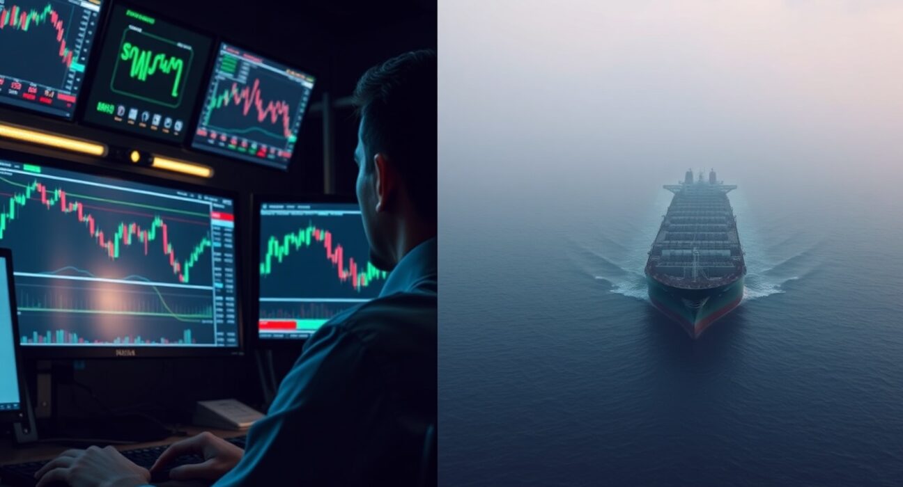 A London trader monitors GBP/USD charts as an oil tanker navigates the Strait of Hormuz under overcast skies.