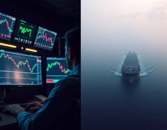 A London trader monitors GBP/USD charts as an oil tanker navigates the Strait of Hormuz under overcast skies.