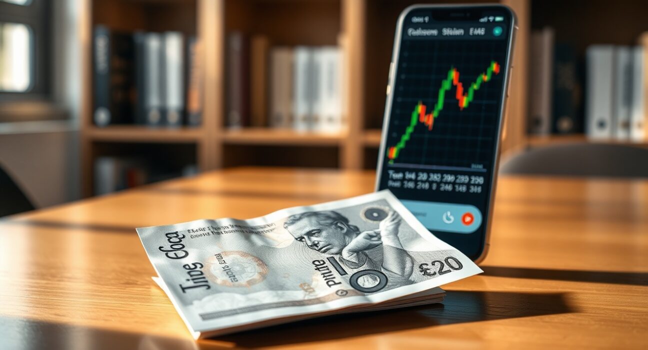 British Pound banknote and smartphone showing forex trading chart on a desk