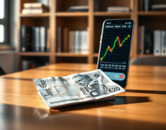 British Pound banknote and smartphone showing forex trading chart on a desk
