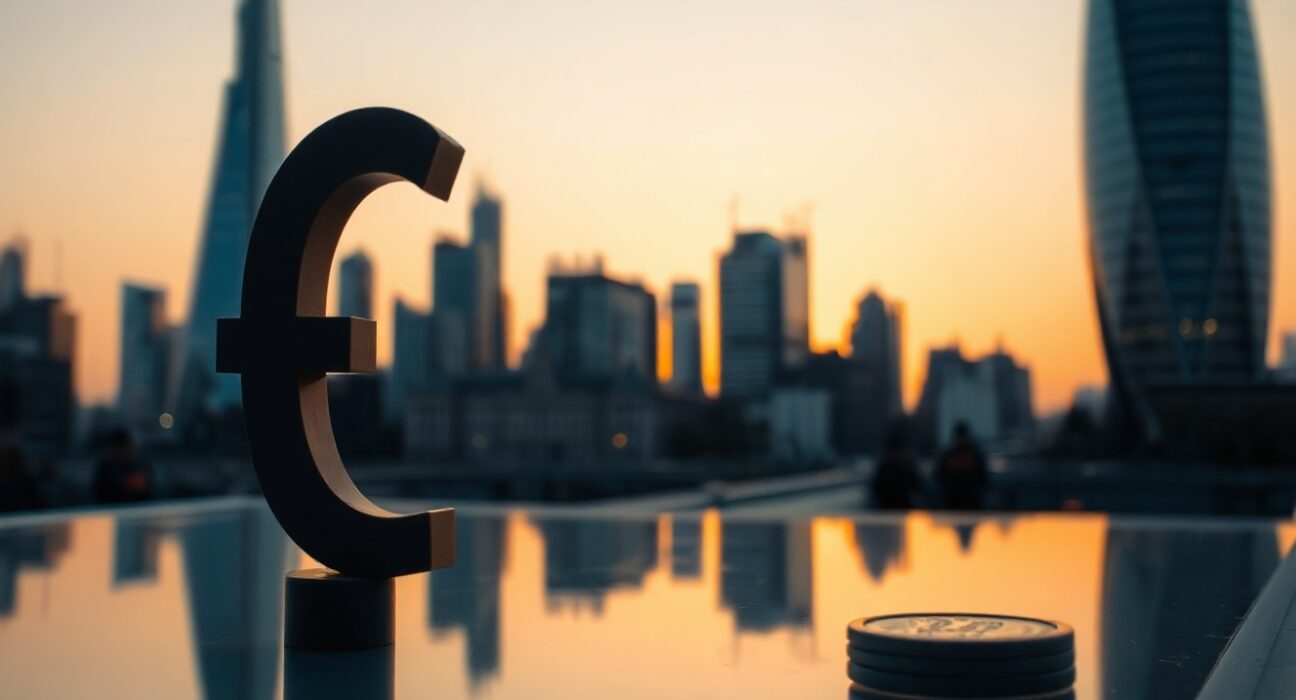 British Pound symbol stands tall against London skyline at sunrise, representing currency strength and fiscal stability.