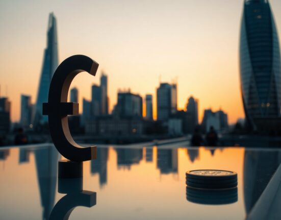 British Pound symbol stands tall against London skyline at sunrise, representing currency strength and fiscal stability.