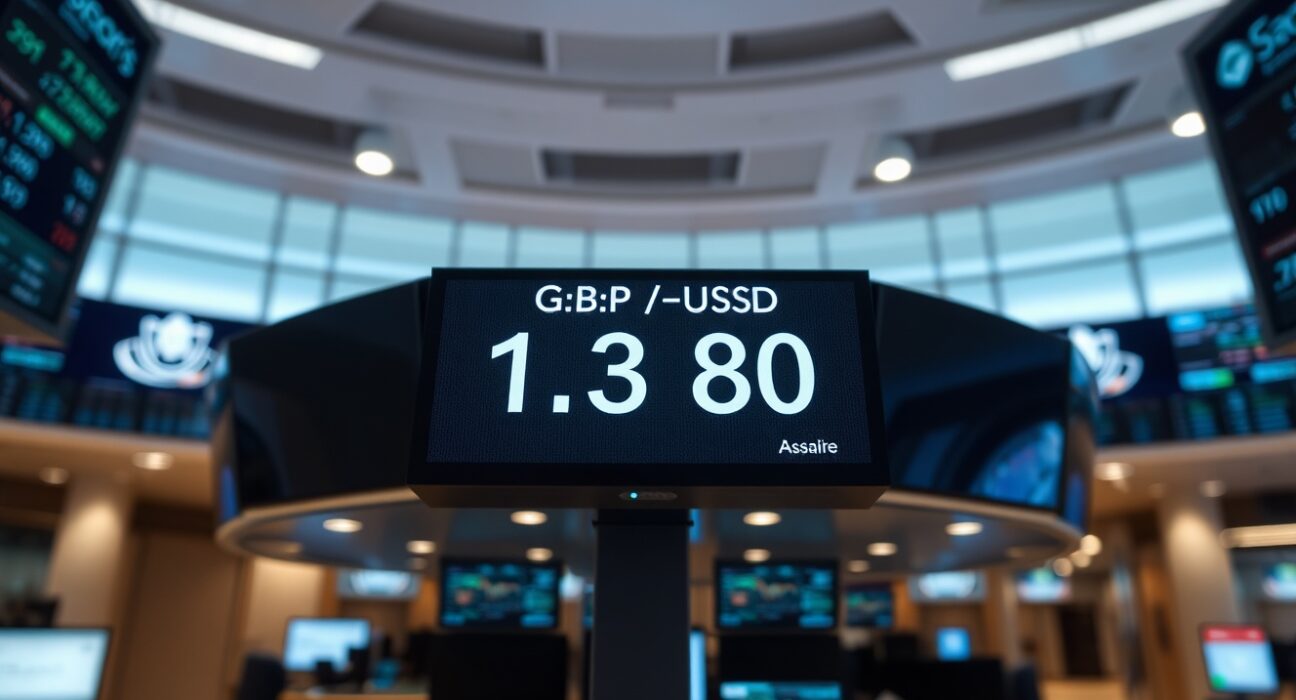 Digital trading screen showing GBP/USD exchange rate at 1.3380 on a modern trading floor.