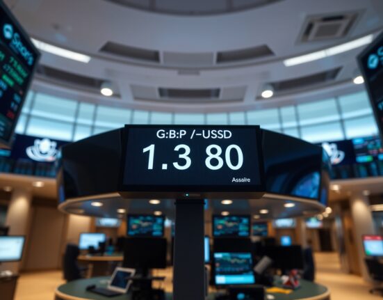 Digital trading screen showing GBP/USD exchange rate at 1.3380 on a modern trading floor.