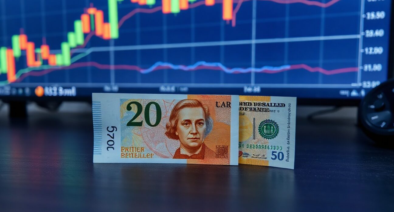 British pound and US dollar banknotes on a trading desk with a forex chart in the background