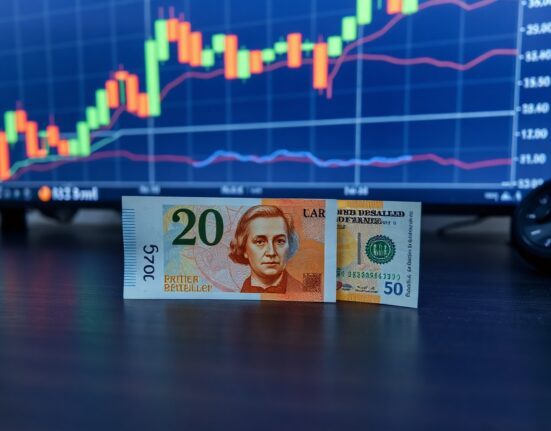 British pound and US dollar banknotes on a trading desk with a forex chart in the background