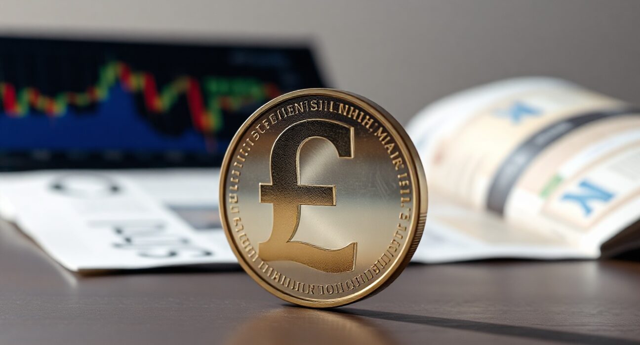 British pound coins and banknotes on a desk with a blurred financial chart in background