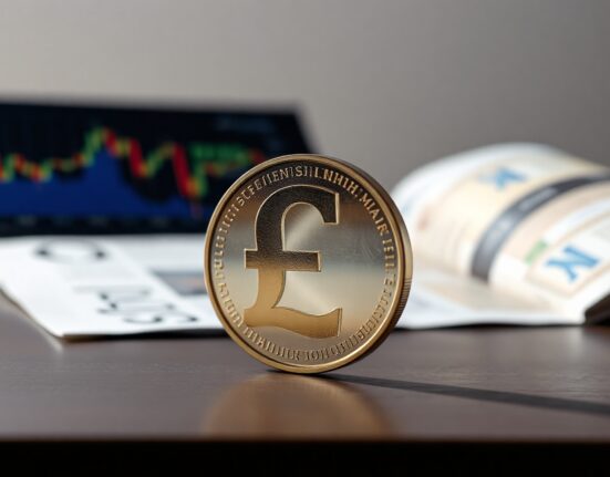 British pound coins and banknotes on a desk with a blurred financial chart in background