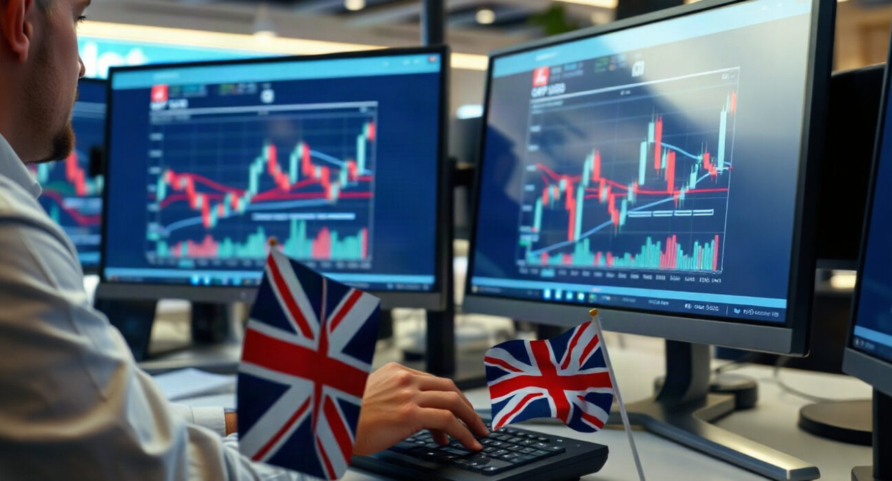 GBP/USD chart on monitors with British flag on desk, highlighting pound strength
