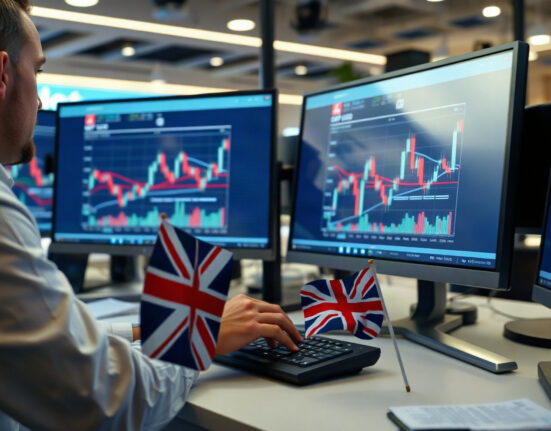 GBP/USD chart on monitors with British flag on desk, highlighting pound strength
